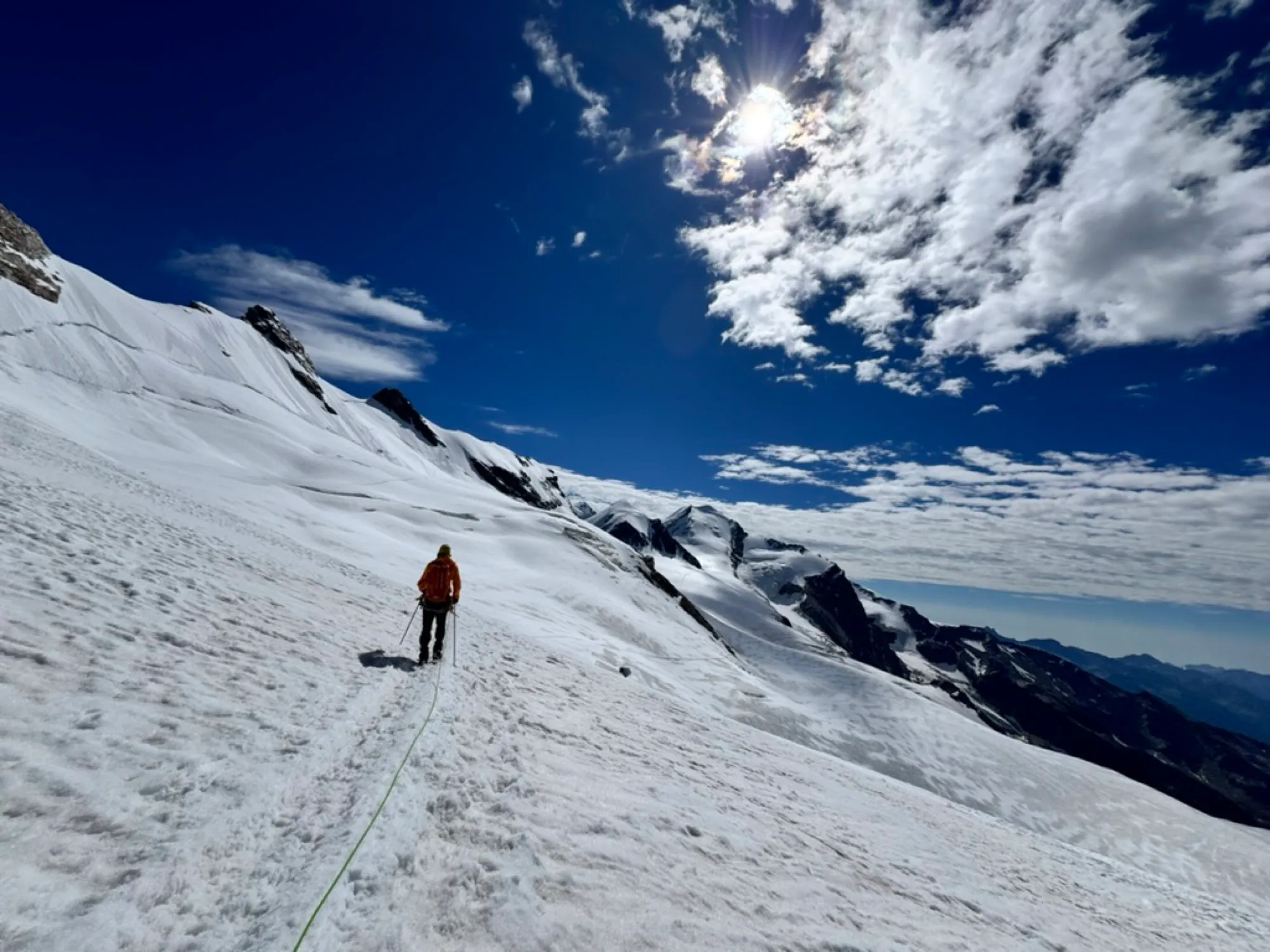 The part nobody warns you about. Hours of roped, monotonous crossing, the summit already behind us.